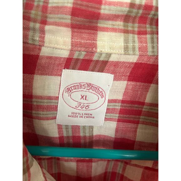 Brooks Brother Red & White Plaid Linen 346 Lightweight Button Up Size XL - Picture 4 of 4